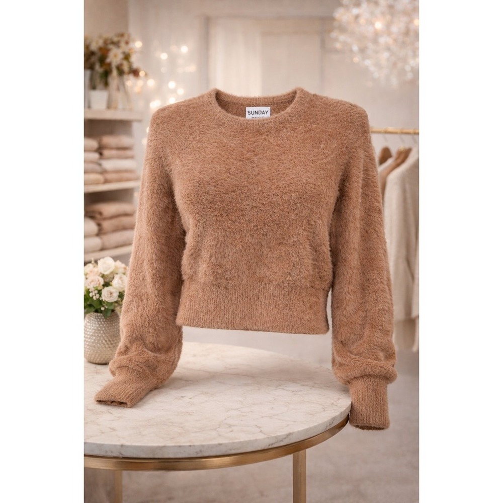 Sunday Best Brown‎ Fuzzy Cropped Sweater Women Size L Soft Cozy Knit